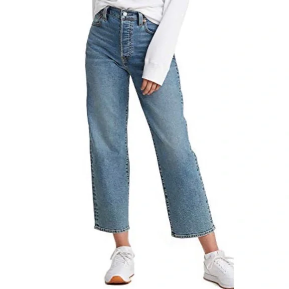 Levi's Ribcage Straight Ankle Jeans Mind Your Own Finish Medium Indigo - Picture 1 of 10